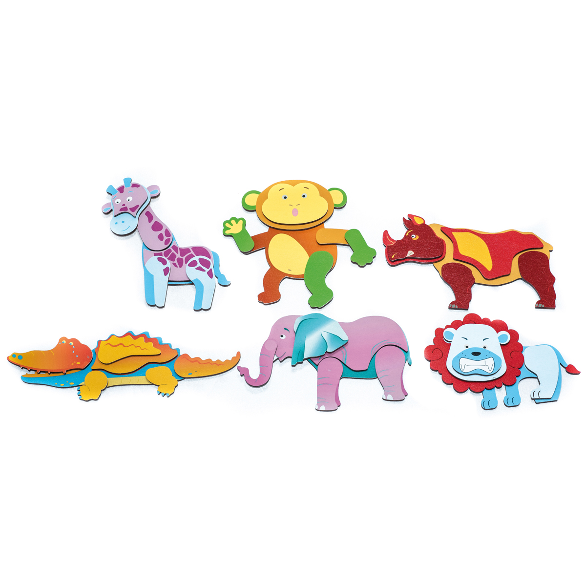 Magnetpuzzle Wildtiere, 6er Set, magnetische Puzzleteile in Holzbox, 4 mm Stärke