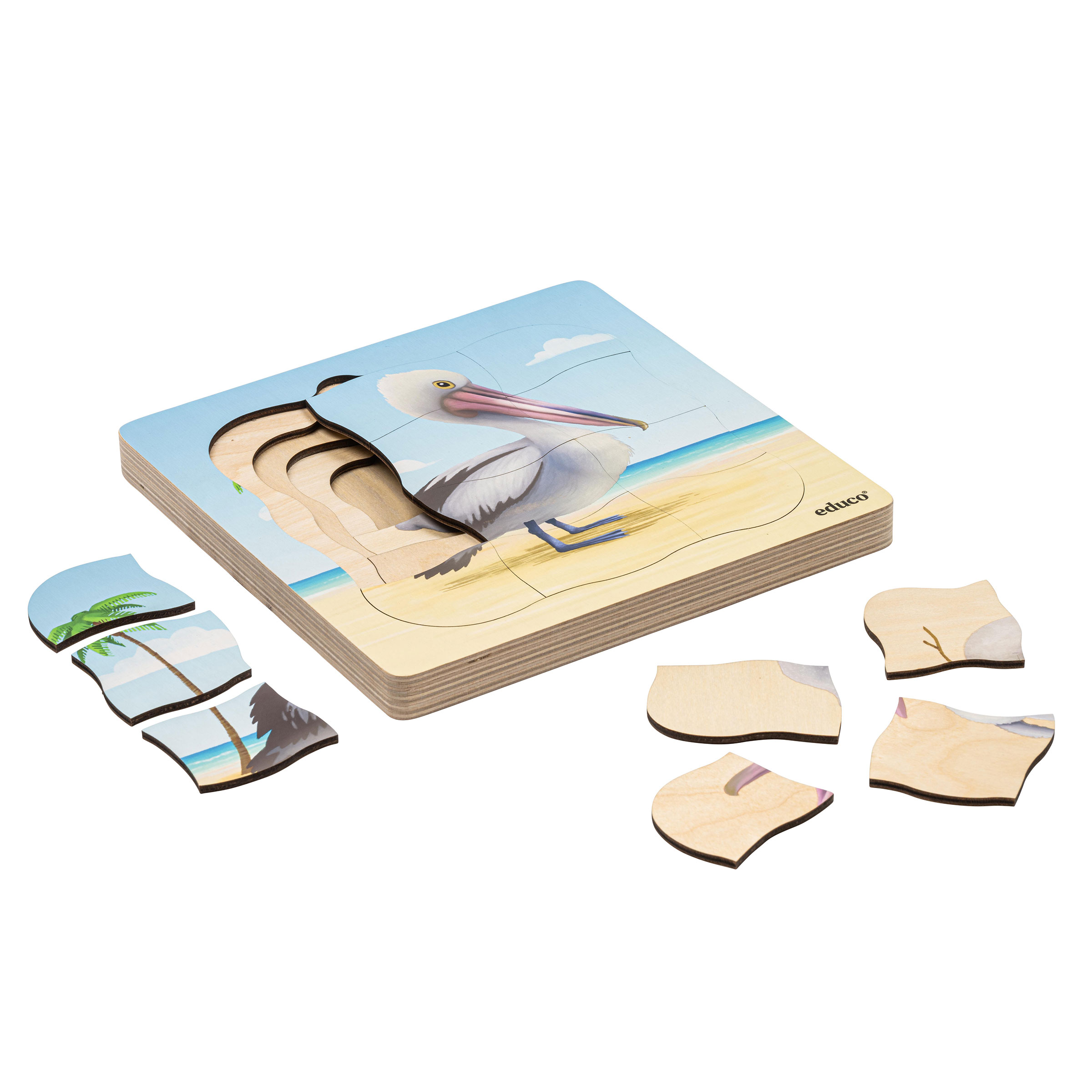 Schichtenpuzzle Am Strand – Pelikan wächst, 31 Teile, Holz