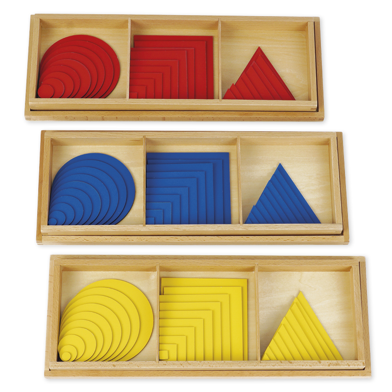 Montessori Satz Kreise, Dreiecke und Quadrate, 3 Holzkästen