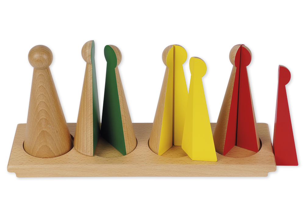 Montessori Kegel zum Bruchrechnen, Holz, farbige Innenseiten