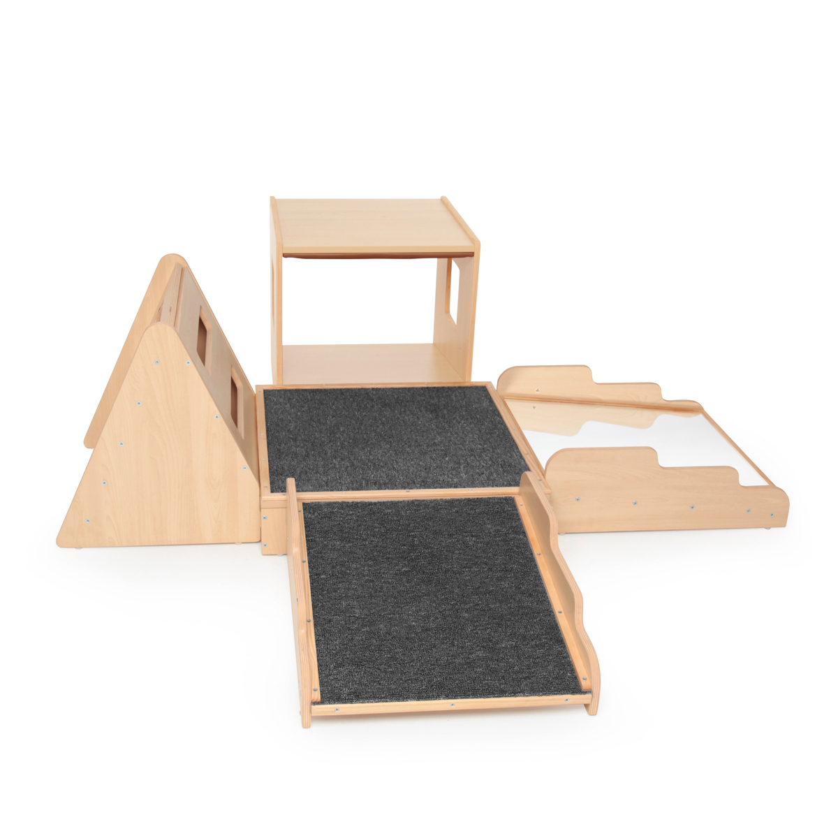 Krippen-Bewegungslandschaft, 5-teilig, mit Spiegel, Tunnel und Kletterwand, aus Holz, Ahorn