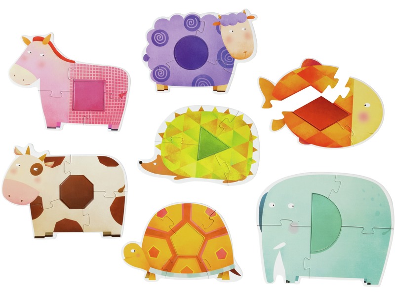 Erste Puzzles Geometrische Tiere, 7 Puzzles mit 4 bis 5 Teilen, ab 2 Jahren