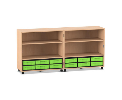 Flexeo Klappwagen Fahrbibliothek, Buche hell, Höhe 92,3 cm, 12 kleine Boxen grün