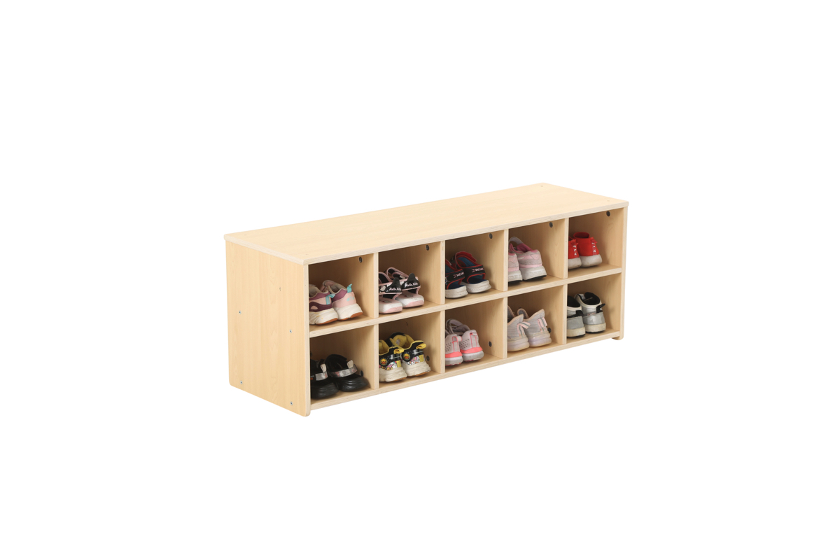 Kinder-Schuhregal, niedrig, 10 Fächer, 110x30x40 cm, Ahorn
