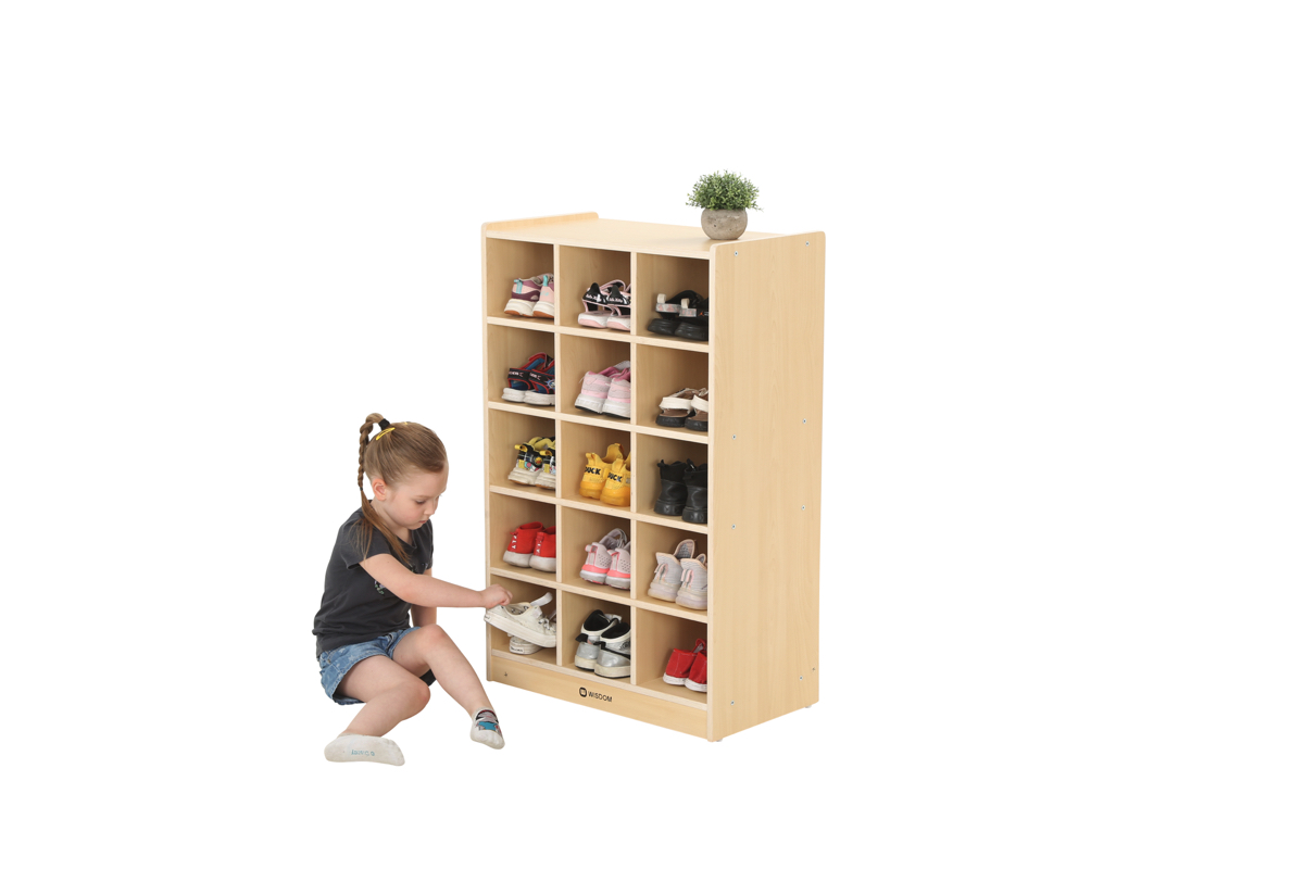 Kinder-Schuhregal, hoch, 15 Fächer, 64x35x100 cm, Ahorn