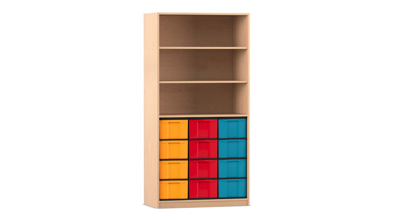 Flexeo Regal, Buche hell, 3 Fächer, 12 große Boxen bunt, HxBxT: 190 x 94,4 x 48 cm