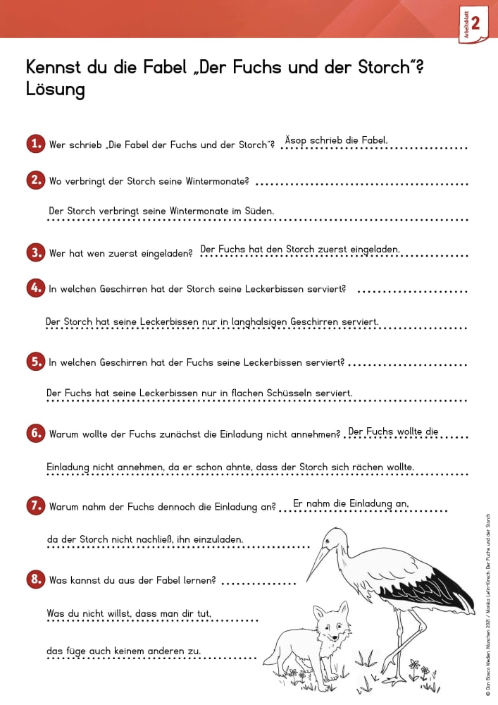 Arbeitsmaterial Der Fuchs und der Storch, 5-11 Jahre
