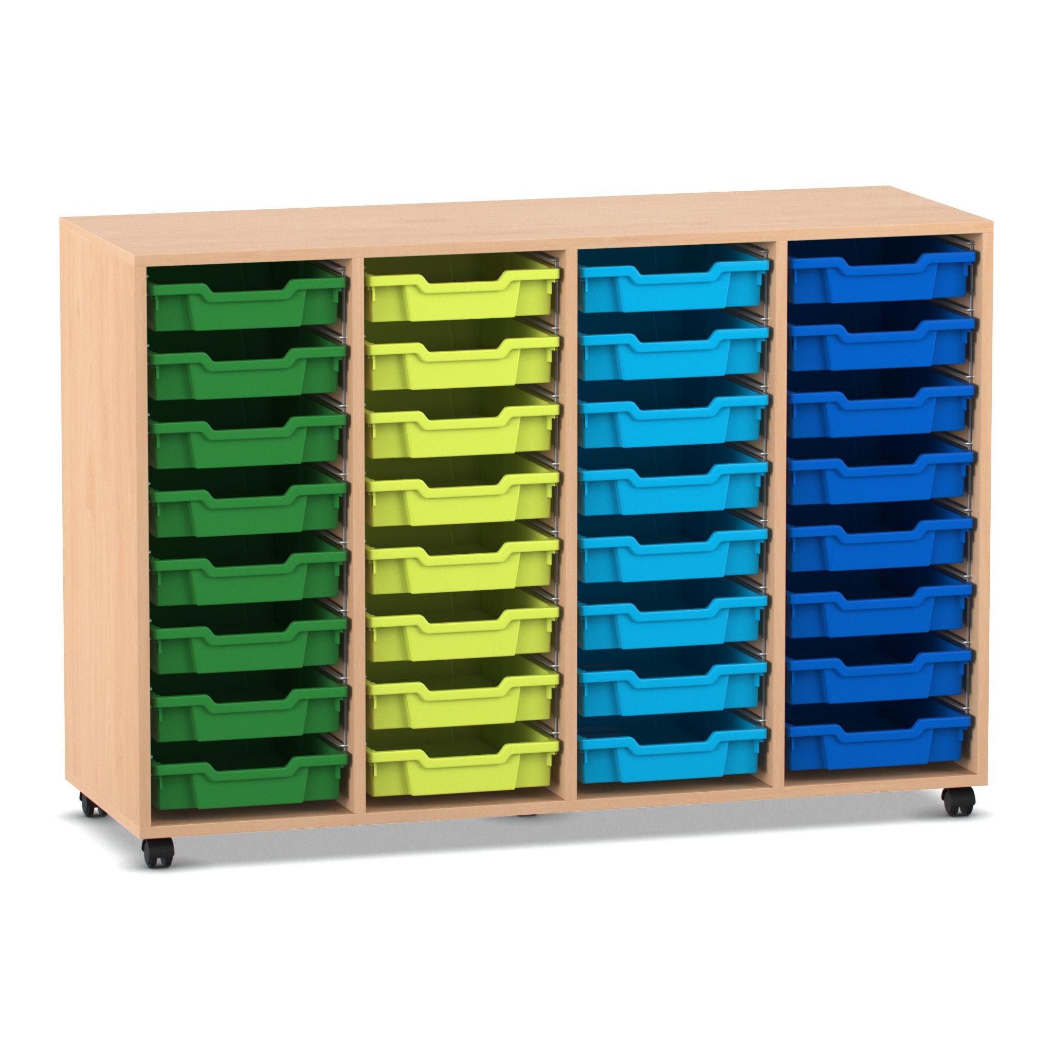 Flexeo® Regal PRO, Buche hell, HxBxT: 99.1 x 143.9 x 48 cm, 4 Reihen, 32 kleine Boxen bunt B, Rollen