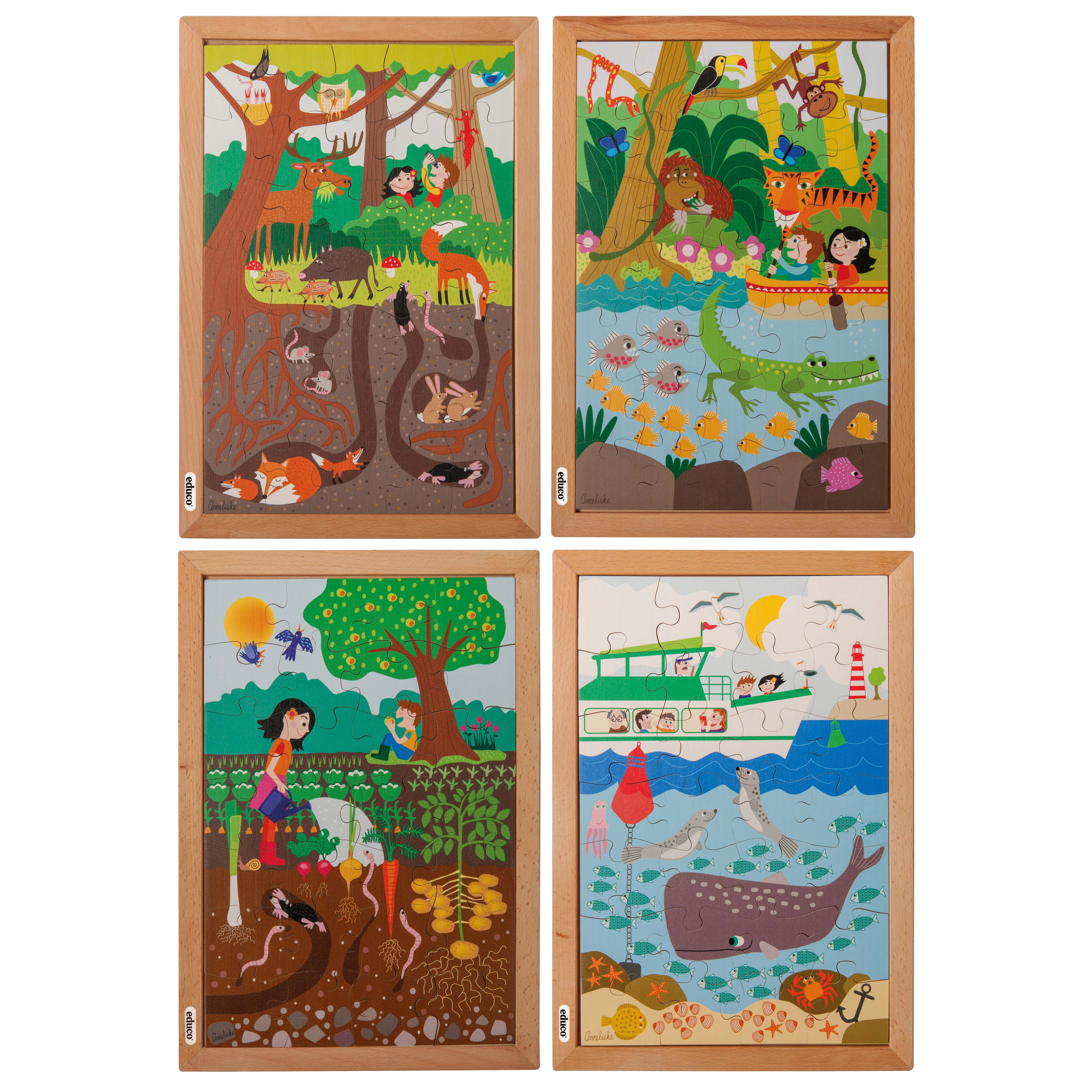 Drunter und drüber Puzzle-Sammelpaket, 4er-Set aus Holz