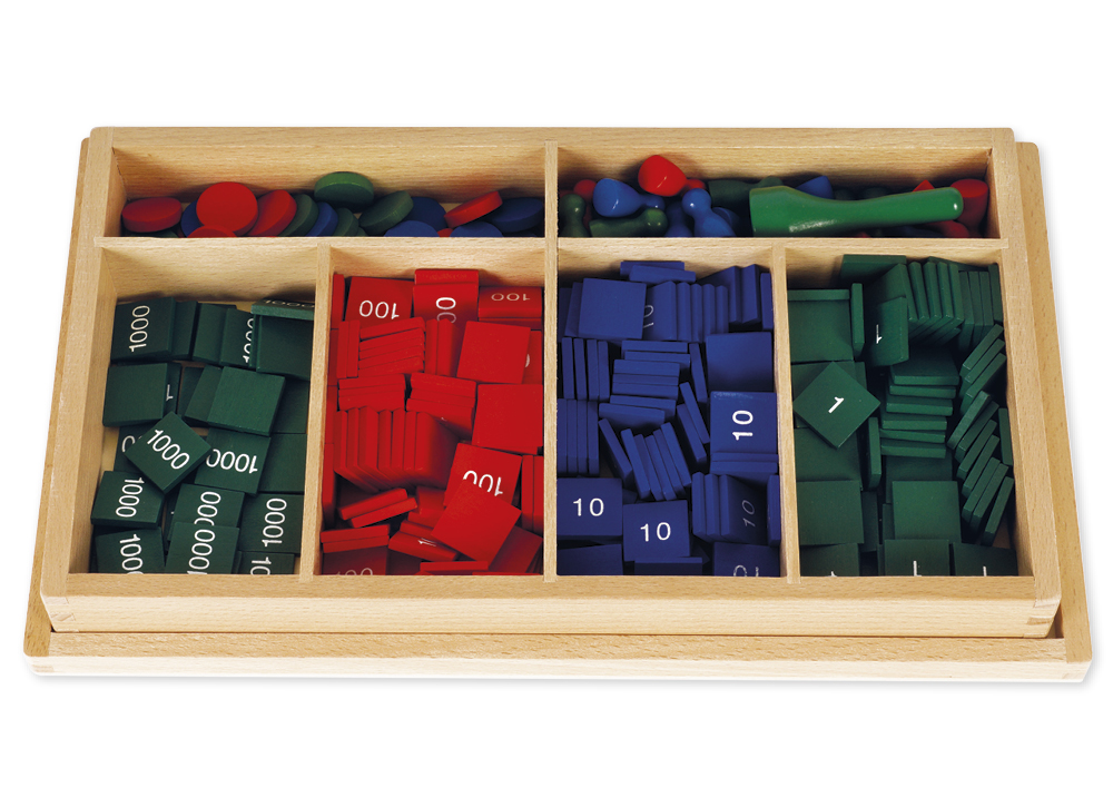 Montessori Markenspiel mit Zahlenplättchen, Spielfiguren und Chips