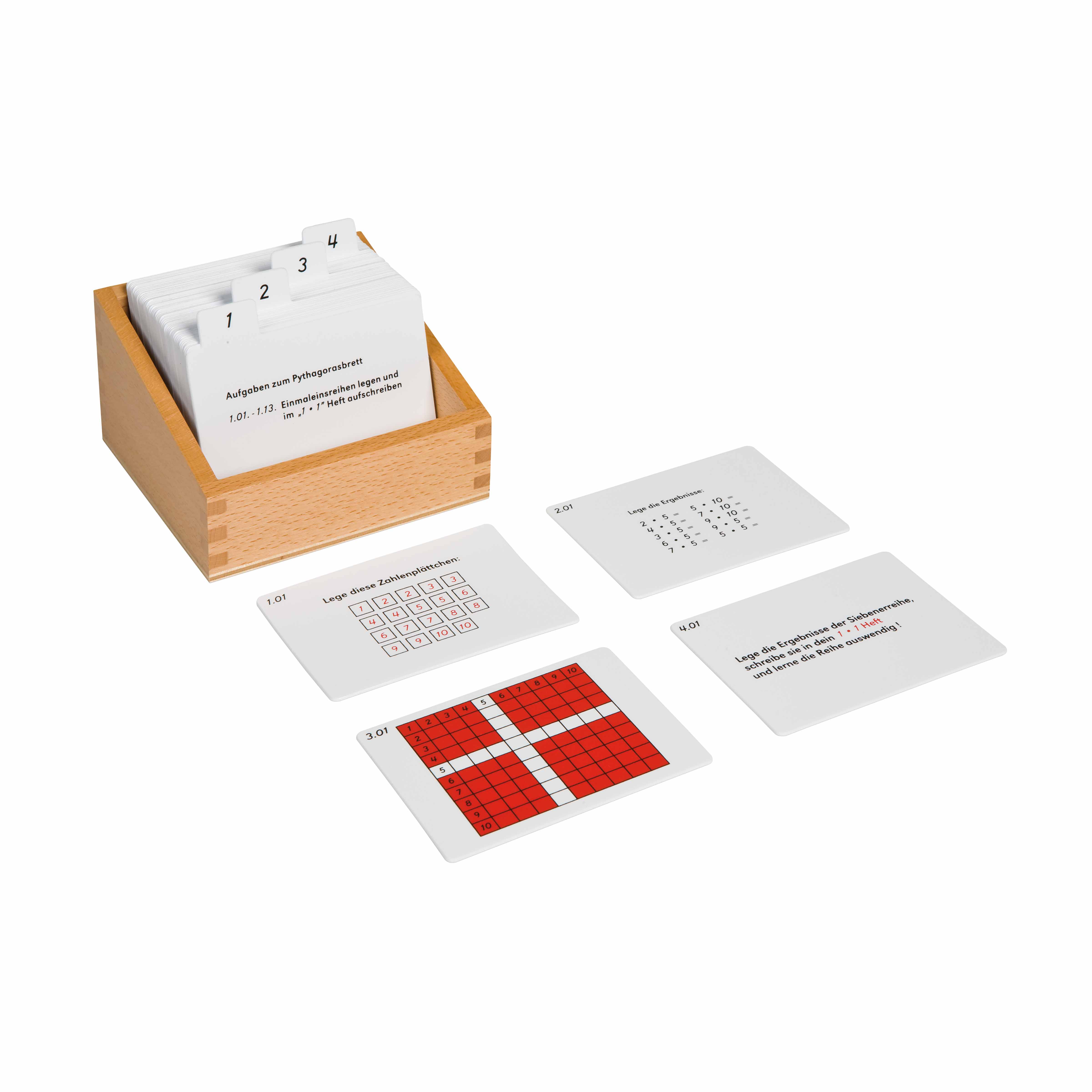 Kasten mit Aufgabenkarten für das Pythagorasbrett - Montessori Mathematik