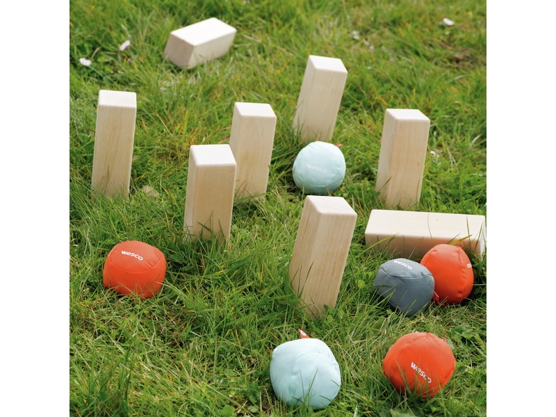 Geschicklichkeitsspiel mit 8 Bausteinen und 7 beschwerten Bällen, ab 6 Jahren