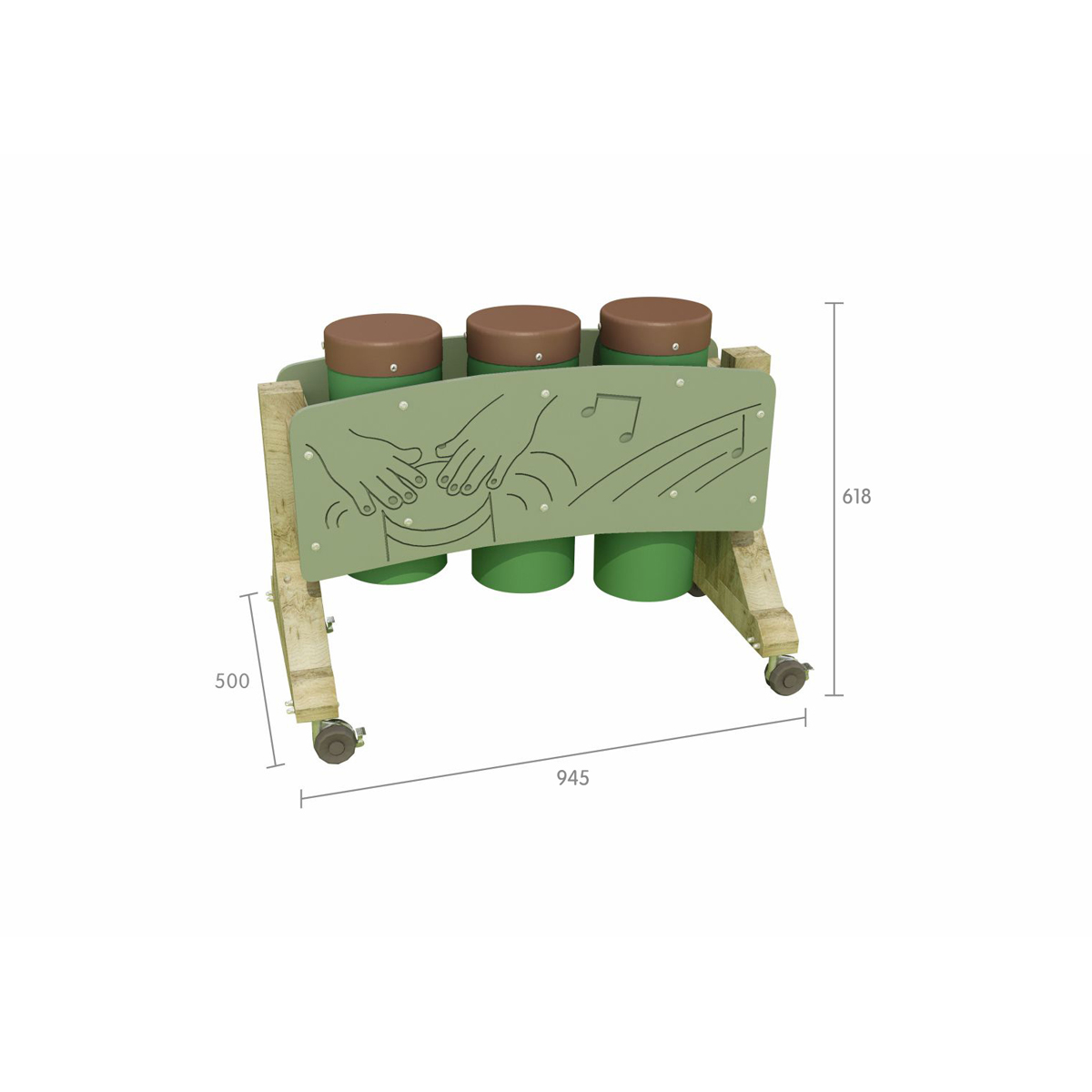 Mobile Conga Trommeln 3er Set auf Ständer, wetterfest, 125 x 50 x 62,5 cm