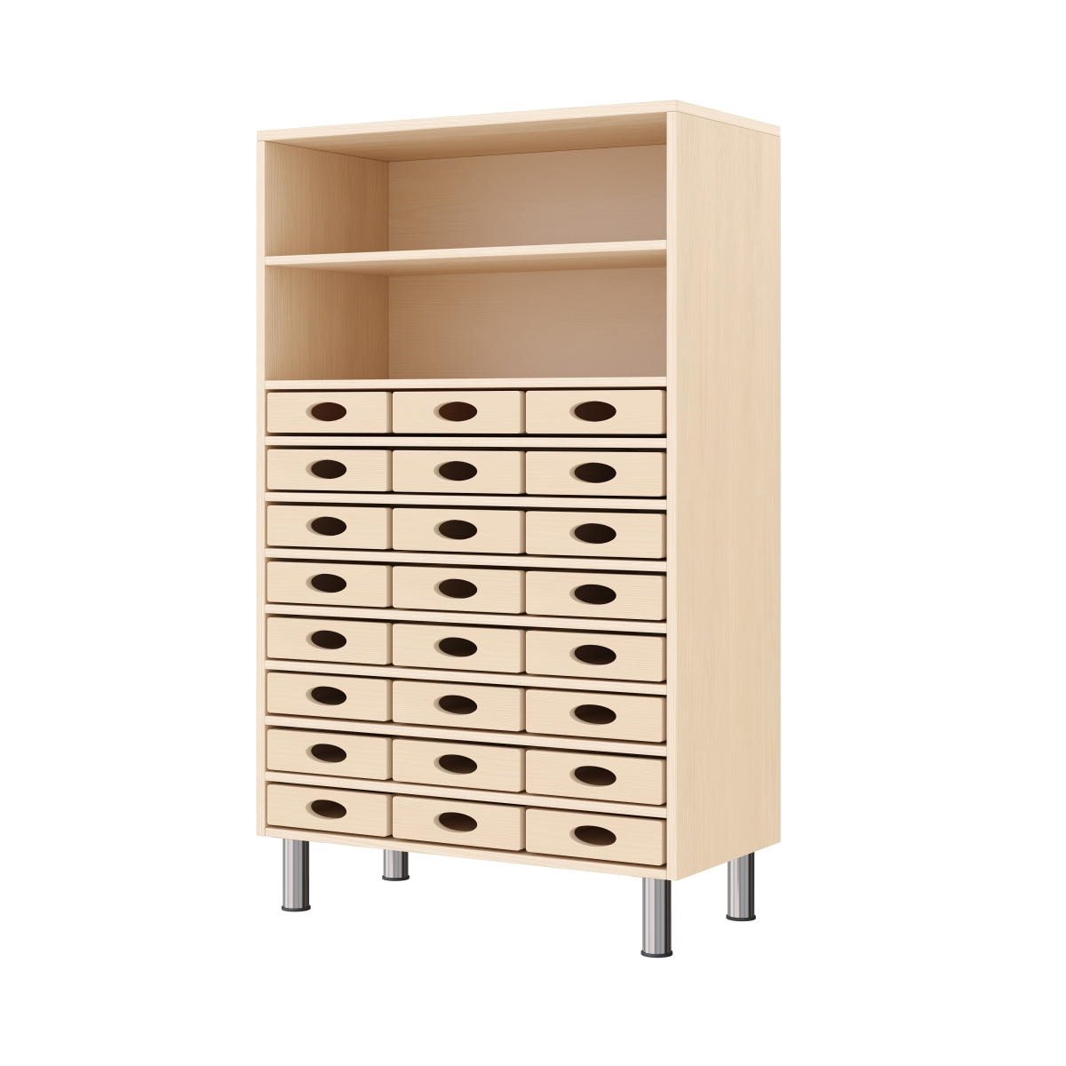 Regalschrank, mittelhoch, 2 Fächer, 24 Materialkästen, mit höhenverstellbaren Füßen, 80x39x120 cm, Ahorn