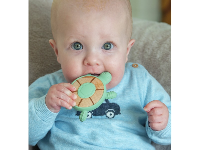 Beißring mit Rassel Schildkröte aus Holz und Silikon, ab 0 Jahren, limonengrün