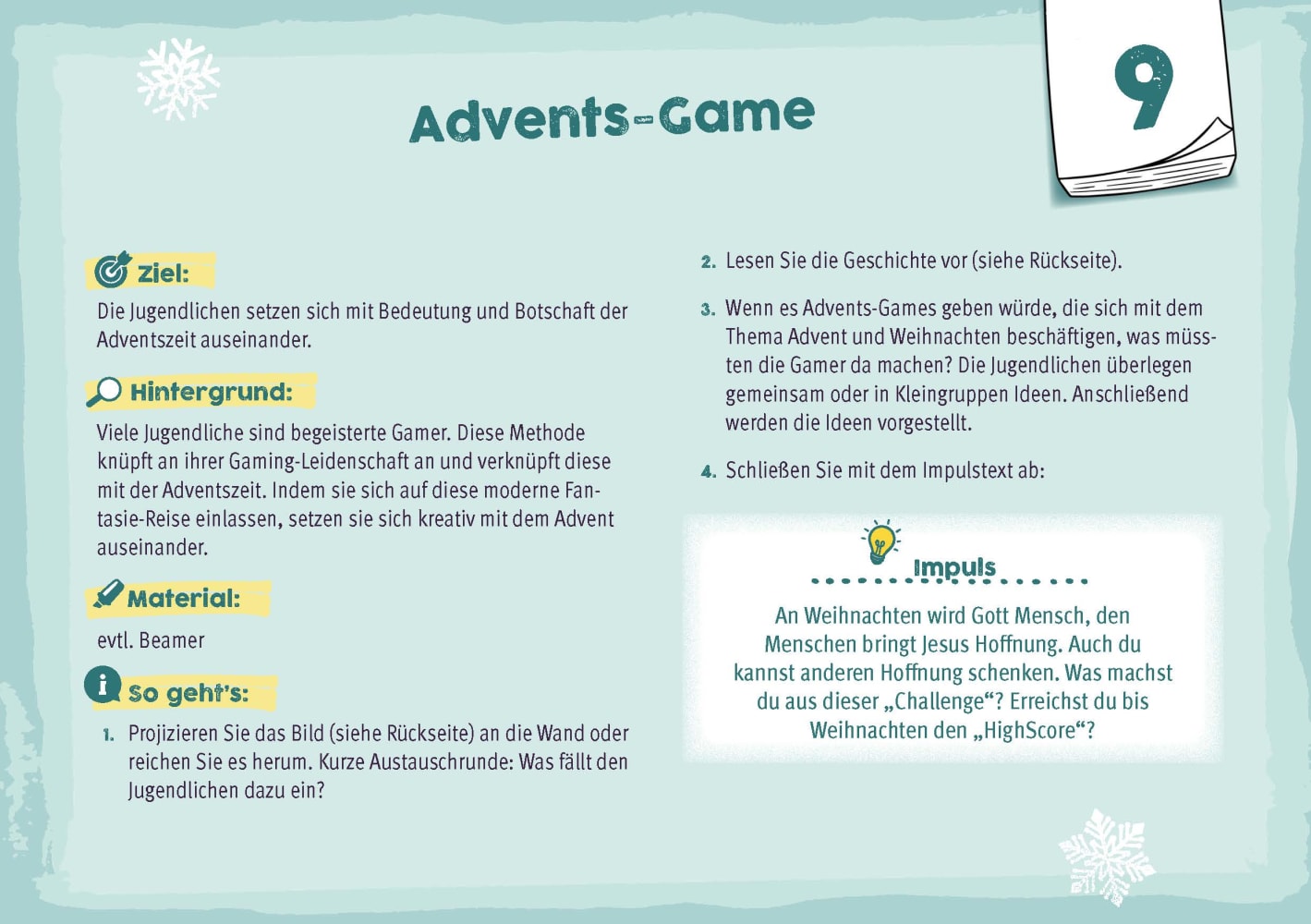 24 plus X zündende Ideen für Advent und Weihnachten mit Jugendlichen, Karten, ab 12 Jahre