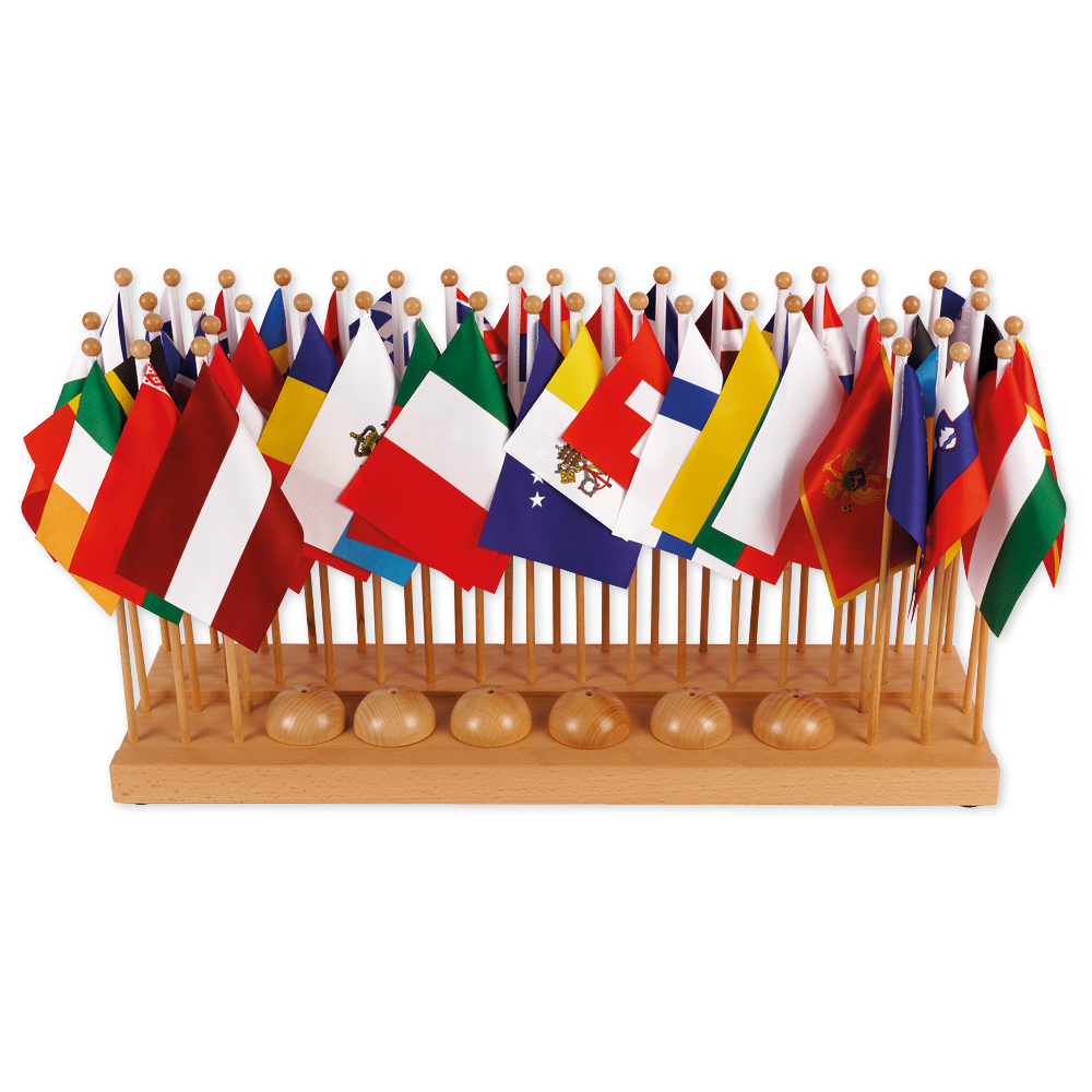 Montessori Flaggenständer Europa, 45 Stoffflaggen, 6 Einzelständer, Buchenholz