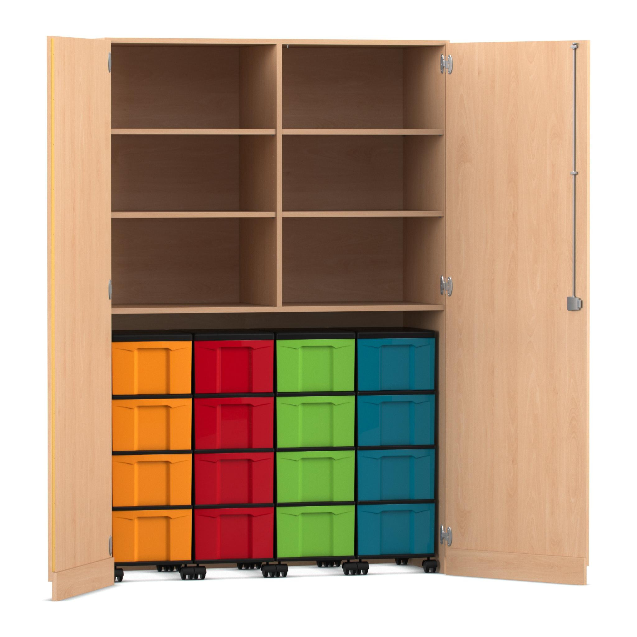 Flexeo® Garagenschrank, Buche hell, HxBxT: 190x126,4x50 cm, 6 Fächer, 4 Rollcontainer, 16 große Boxen bunt, Bogengriff mit Schloss