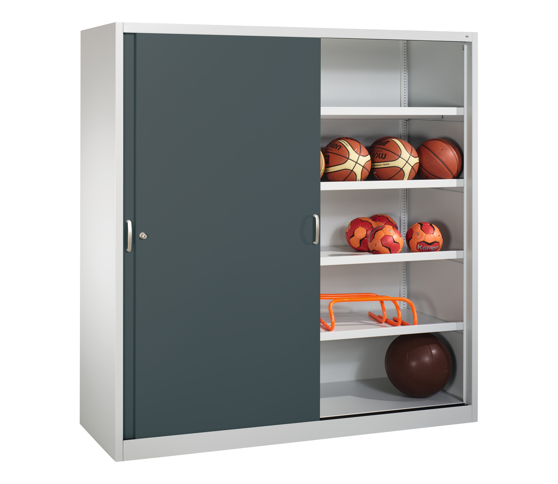 C+P Sportgeräteschrank mit Schiebetüren und 4 Einlegeböden, 1950 x 1900 x 600 mm, lichtgrau/anthrazitgrau