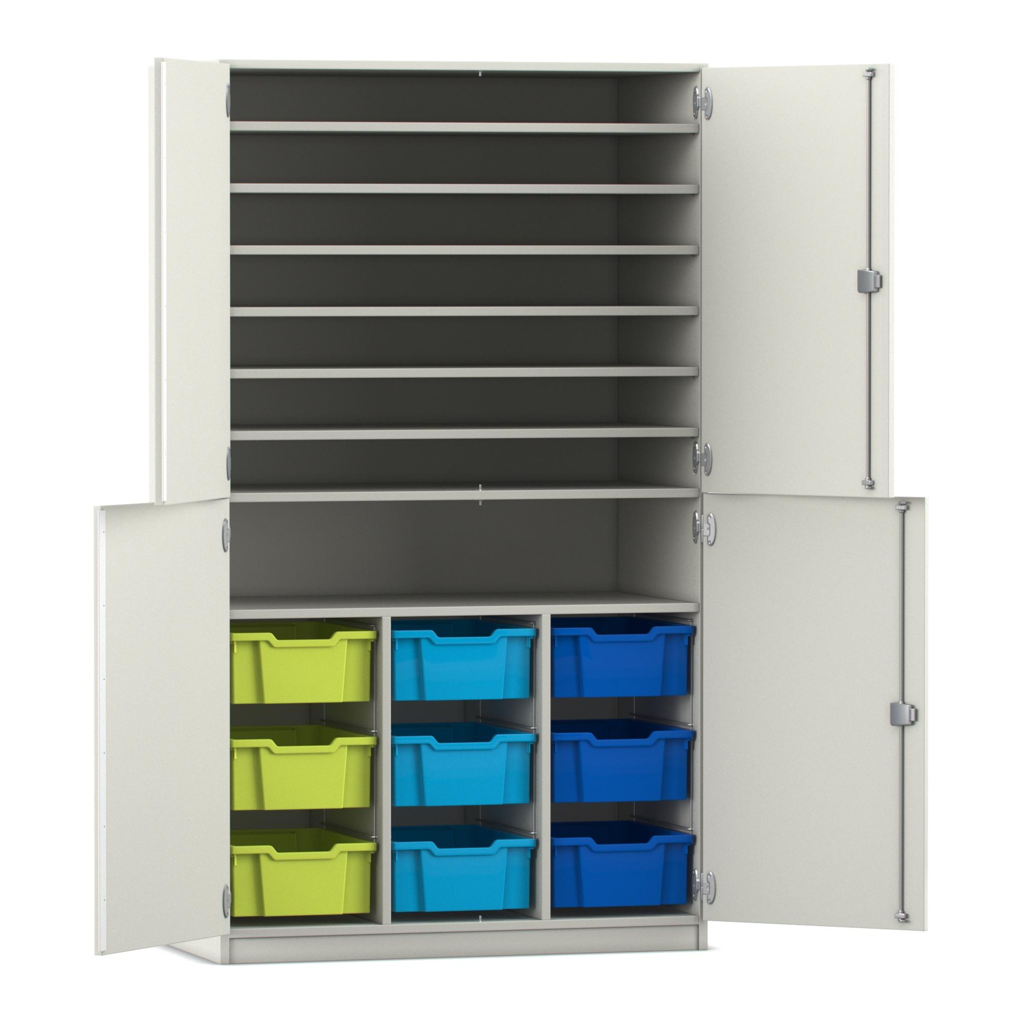 Flexeo Bastelschrank, Dekor weiß, HxBxT: 190x108,1x60 cm, 4 Halbtüren, 9 große Boxen bunt B, Schloss