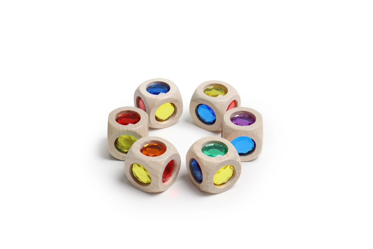 Regenbogenwürfel mini - aus Ahornholz, Glitzerwürfel, ab 36 Monaten