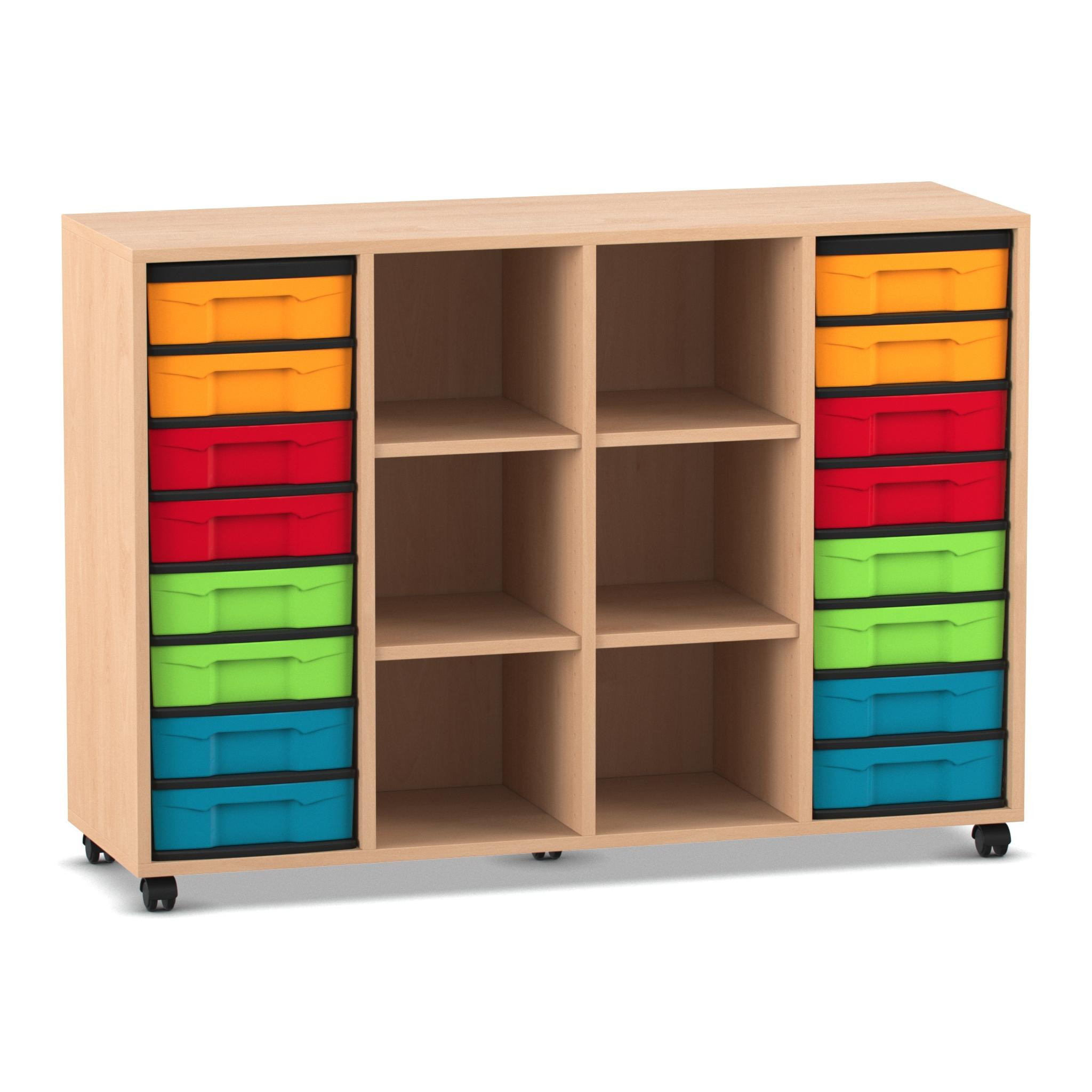 Flexeo® Regal, Buche hell, HxBxT: 92,3x130,7x40,8 cm, 16 kleine Boxen bunt, 6 Fächer mittig, Rollen