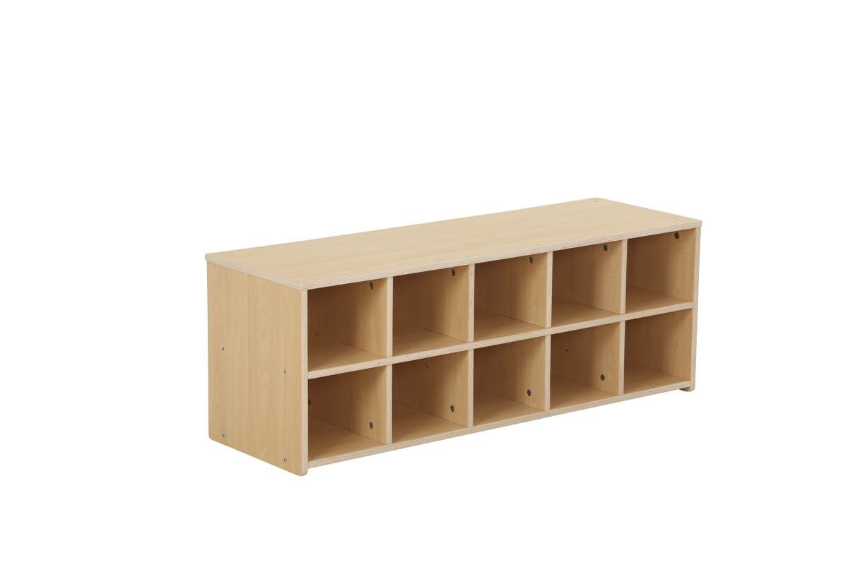 Kinder-Schuhregal, niedrig, 10 Fächer, 110x30x40 cm, Ahorn