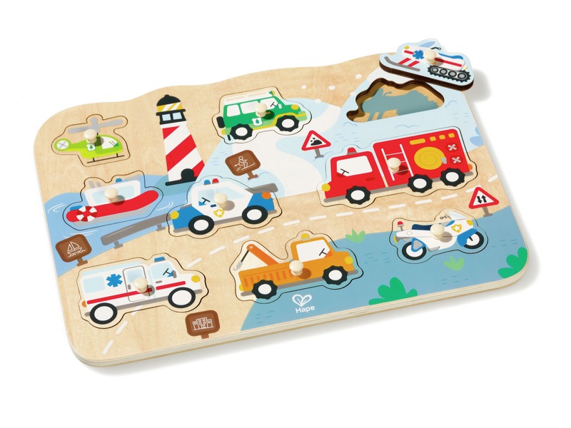 Steckpuzzle Rettungsfahrzeuge aus Holz, 9 Teile, ab 2 Jahren