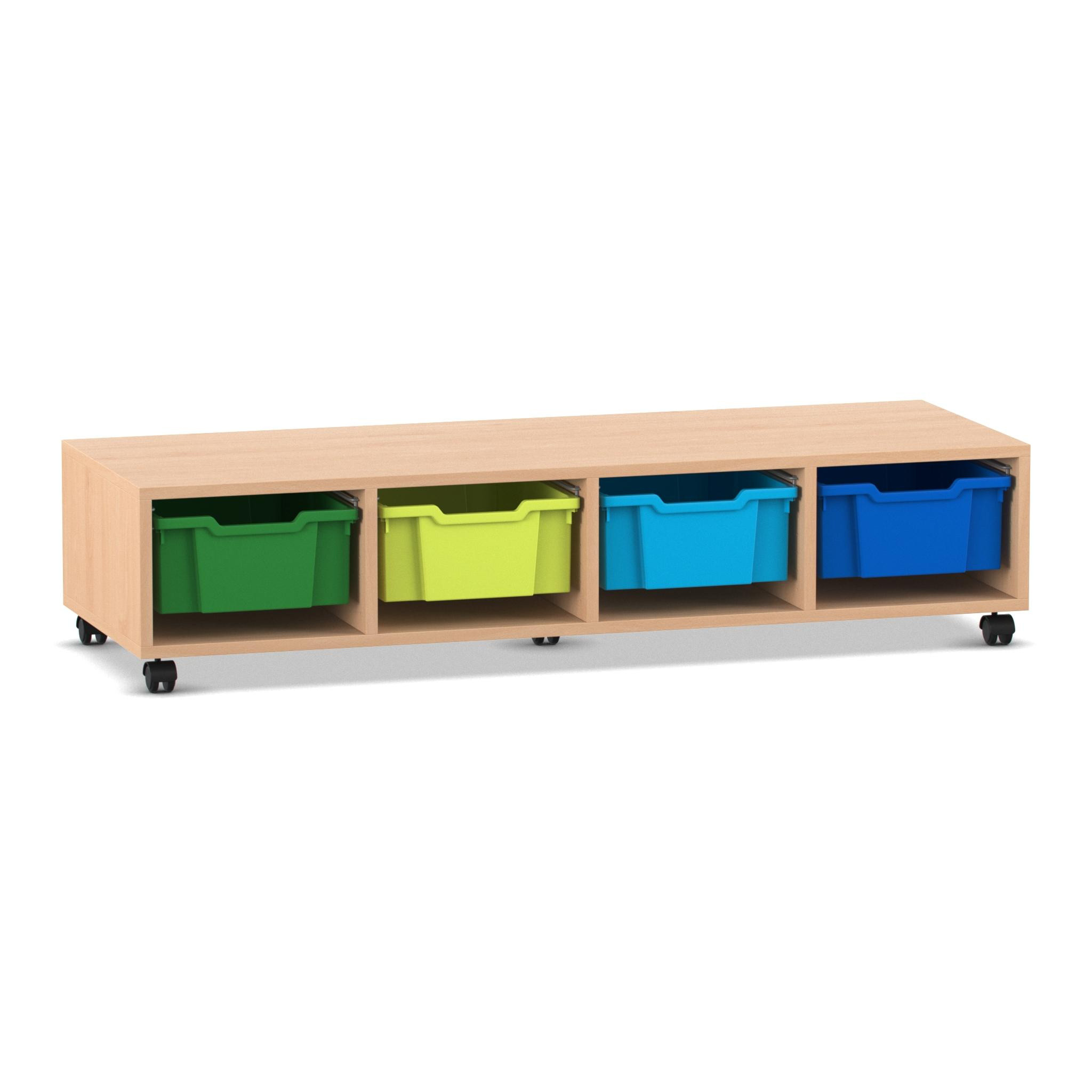 Flexeo® Regal PRO,  Buche hell, 4 Reihen, 4 Boxen Gr. M bunt B, Rollen