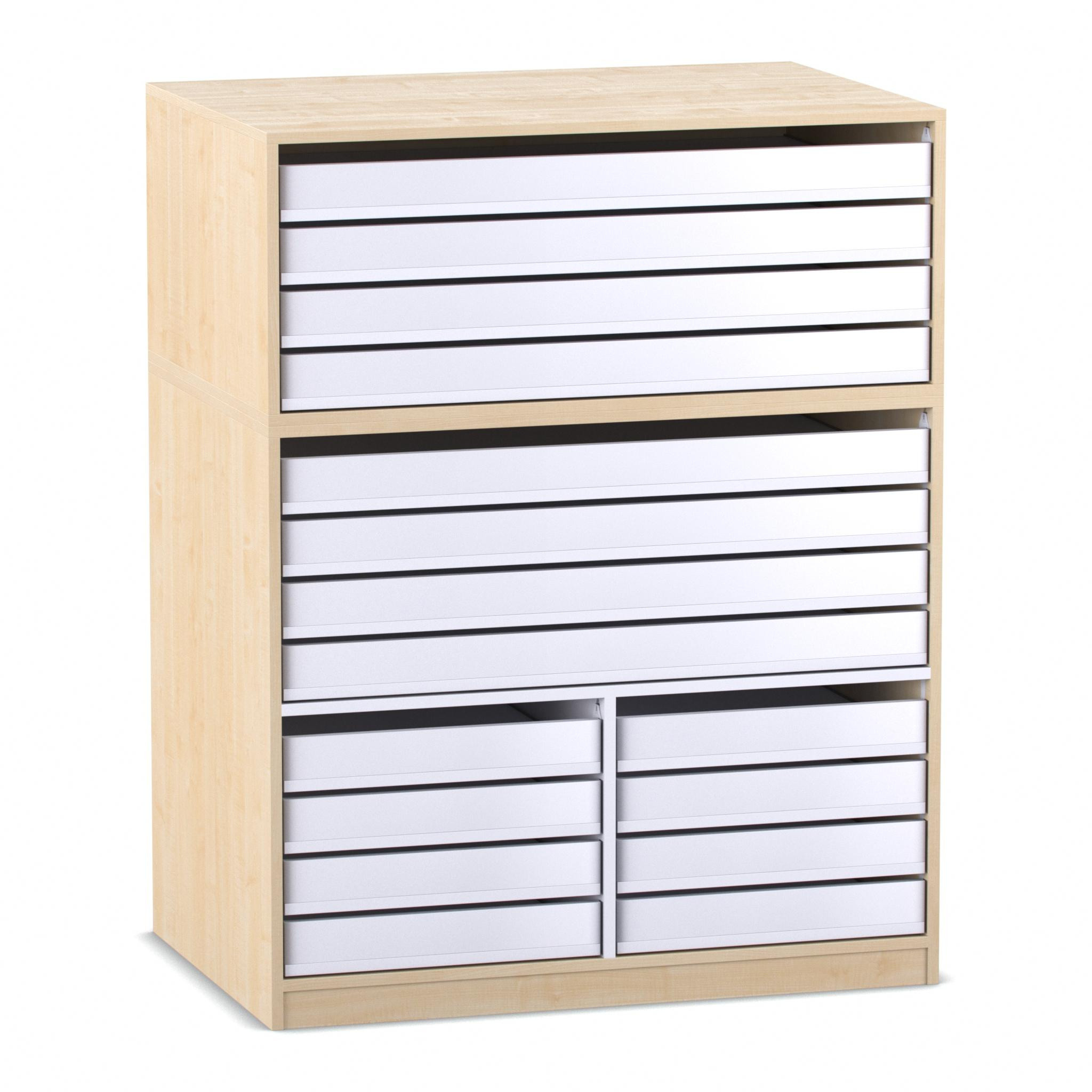 Flexeo® Papier- und Bilderschrank, Ahorn honig, 8 große Auszüge, 8 kleine Auszüge unten