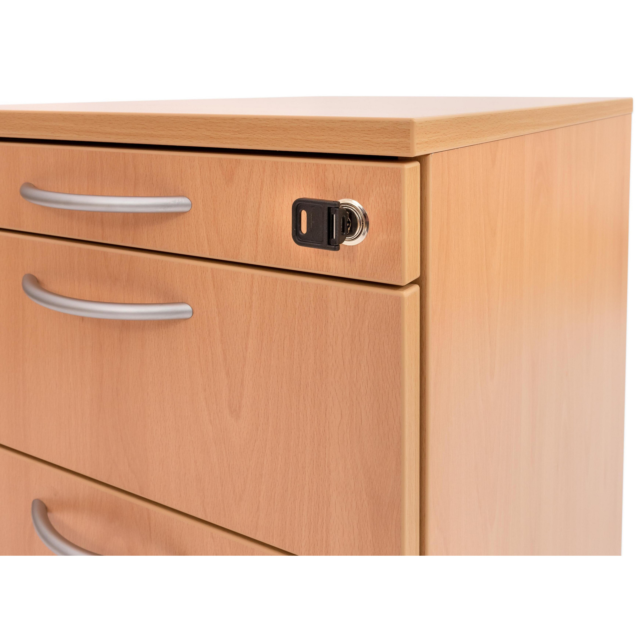 Flexeo Rollcontainer mit 3 Schubladen, Dekor Buche hell, HxBxT: 64,7 x 43,4 x 60,2 cm, Rollen, Bogengriff mit Schloss