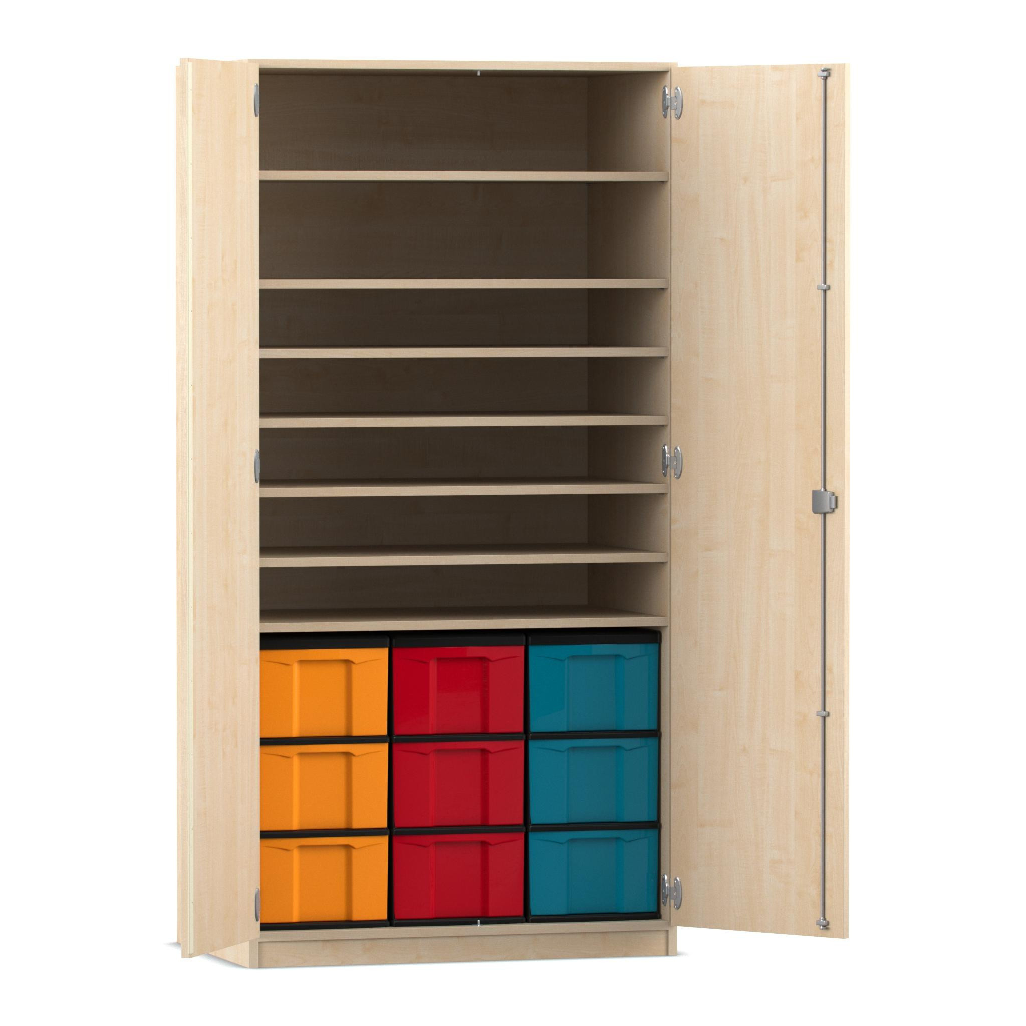 Flexeo Bastelschrank, Ahorn honig, 7 Fächer, 9 große Boxen bunt, HxBxT: 190x94,4x60 cm, Bogengriff mit Schloss