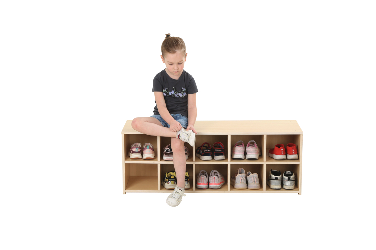Kinder-Schuhregal, niedrig, 10 Fächer, 110x30x40 cm, Ahorn