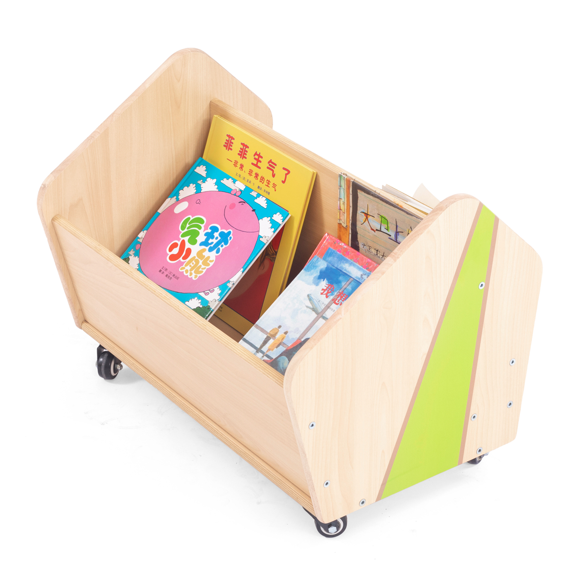 Kleiner Kinder-Bücherwagen, 2 Fächer, mit Rollen, 60x40x45 cm, Ahorn