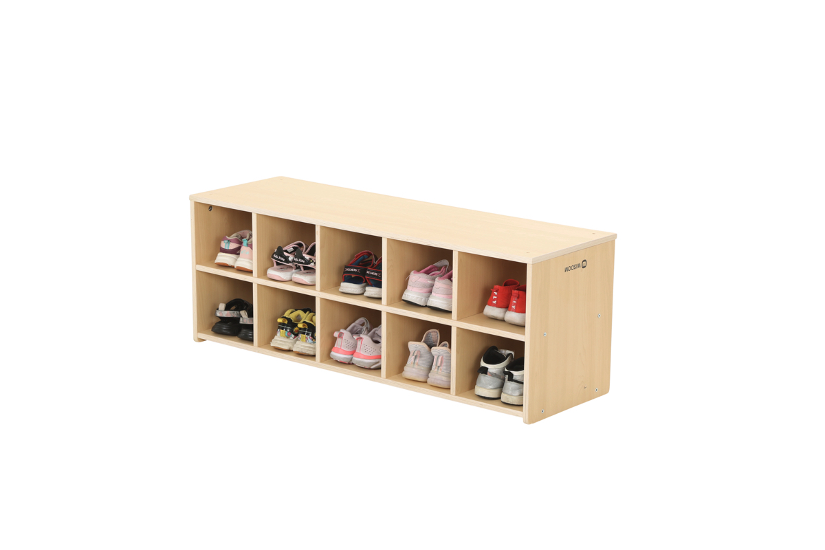 Kinder-Schuhregal, niedrig, 10 Fächer, 110x30x40 cm, Ahorn