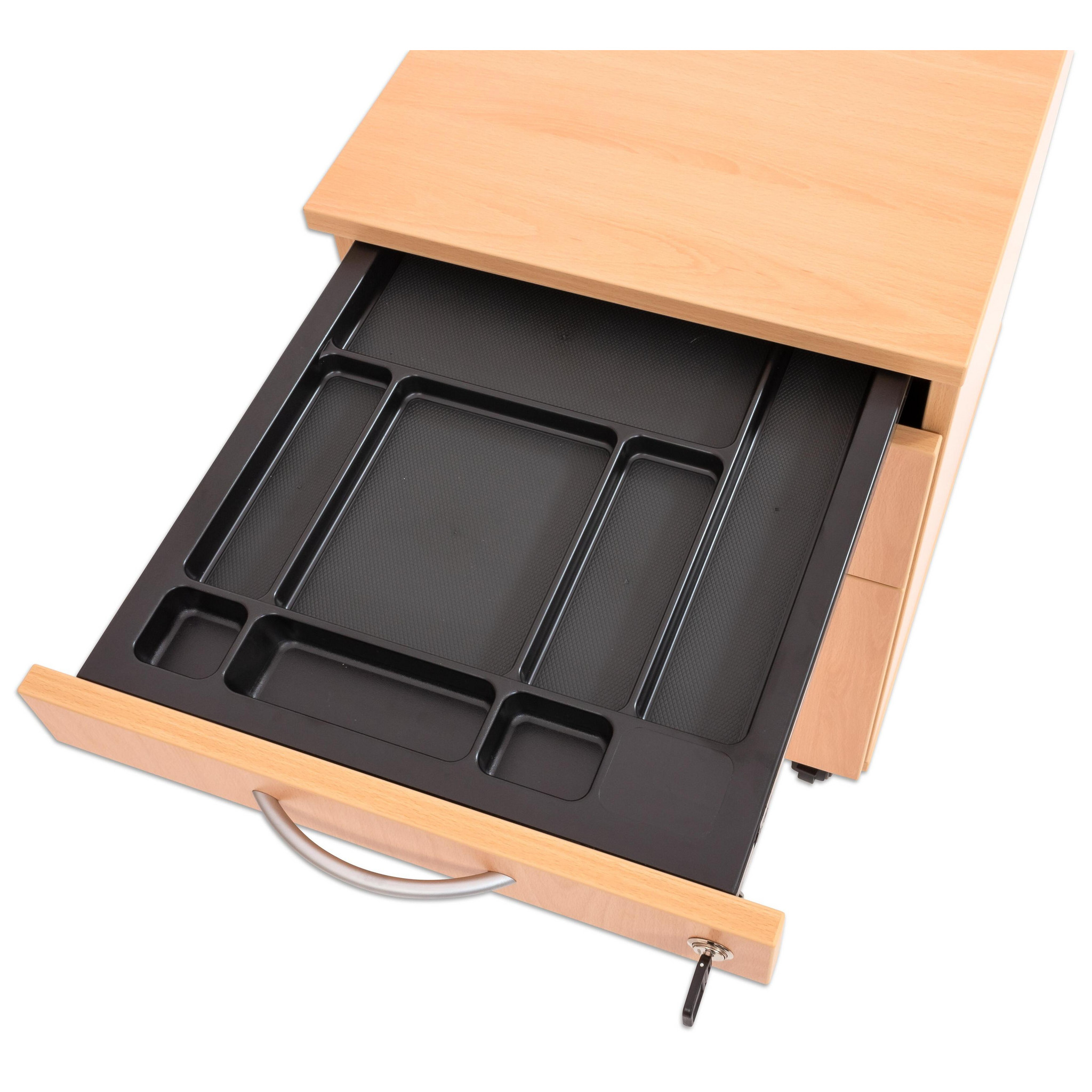 Flexeo Rollcontainer mit 3 Schubladen, Dekor Buche hell, HxBxT: 64,7 x 43,4 x 60,2 cm, Rollen, Bogengriff mit Schloss