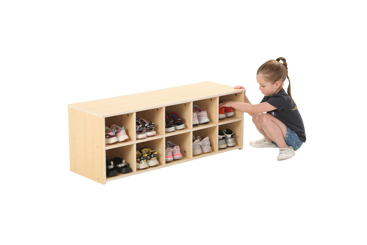 Kinder-Schuhregal, niedrig, 10 Fächer, 110x30x40 cm, Ahorn