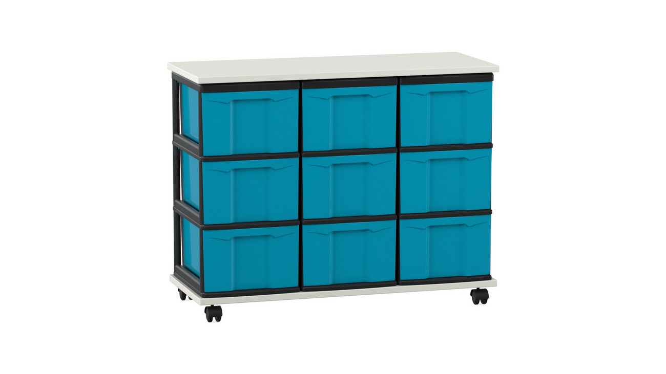 Flexeo Containersystem mit Ablage weiß, 9 große Boxen, HxBxT: 72,8 x 90,5 x 38,5 cm, Rollen