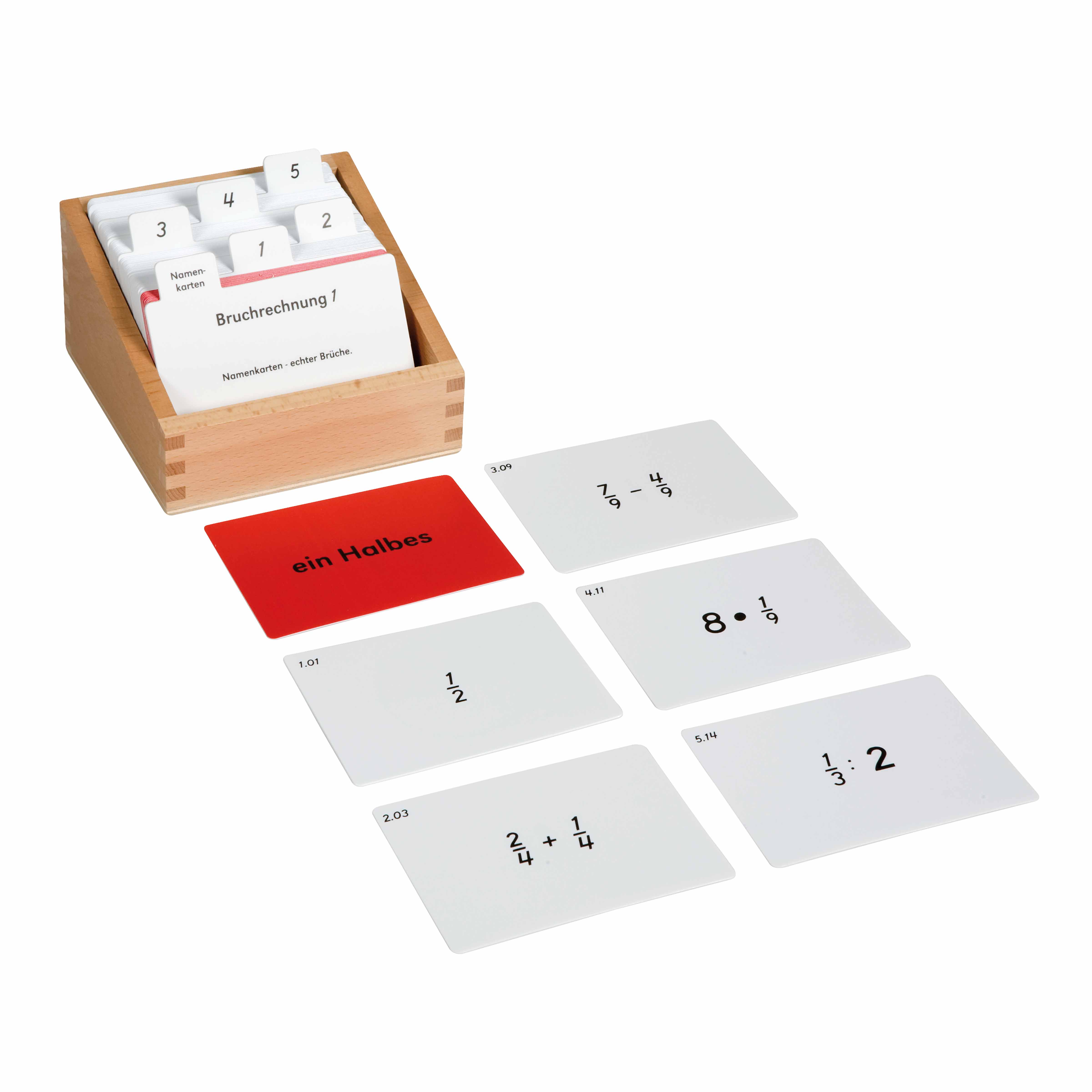 Kasten mit Aufgabenkarten für das Bruchrechnen 1 - Montessori Mathematik