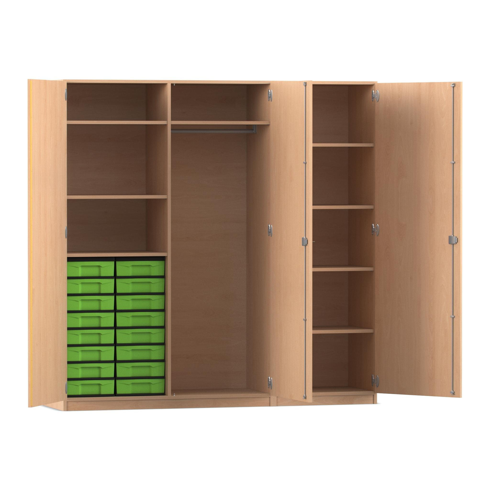 Flexeo® Schrankwand Buche hell, 16 kleine Boxen grün, Garderobenstange, 9 Fächer