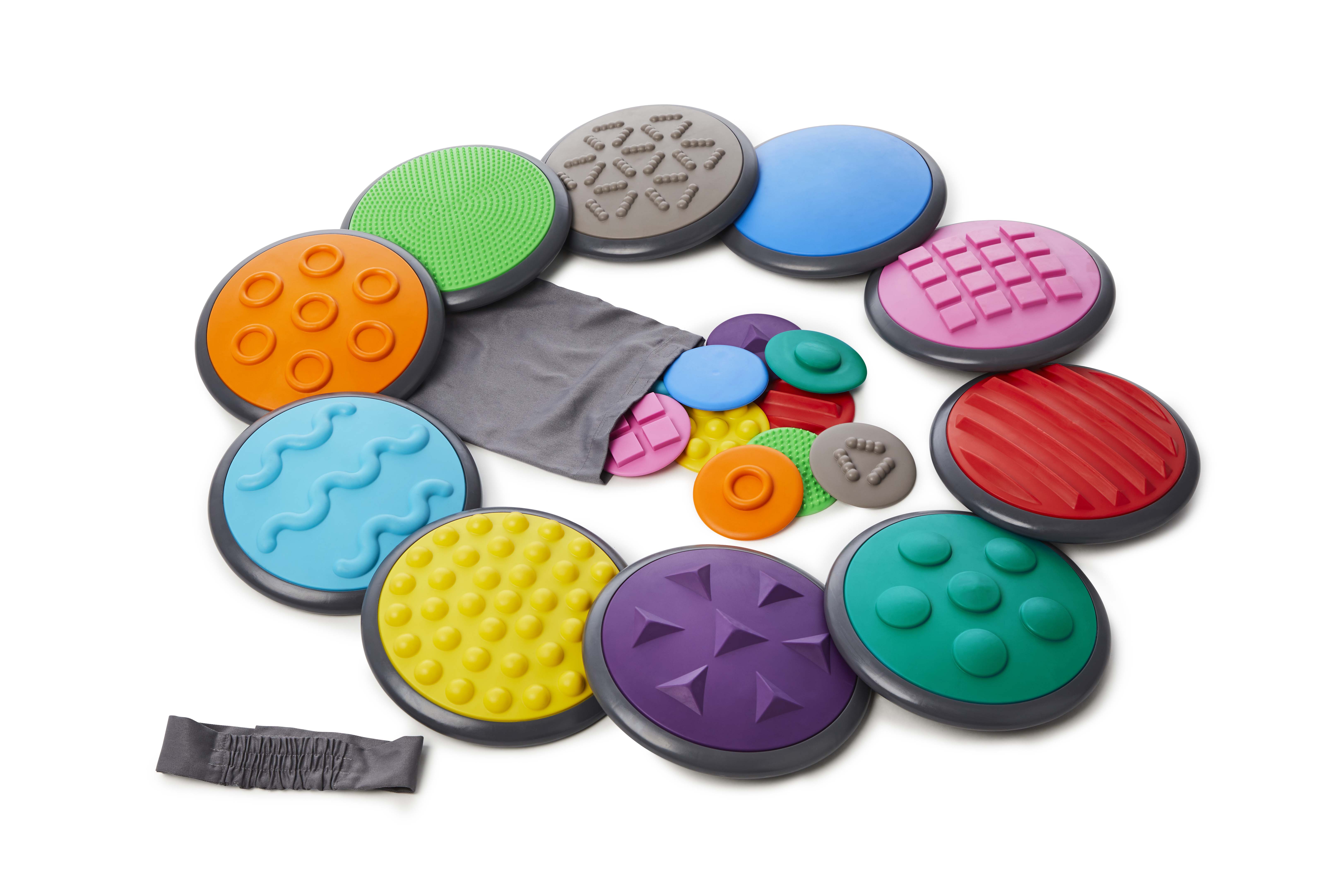 Taktile Fühlplatten, Gonge Scheiben, inkl. Augenbinde, 10er Set