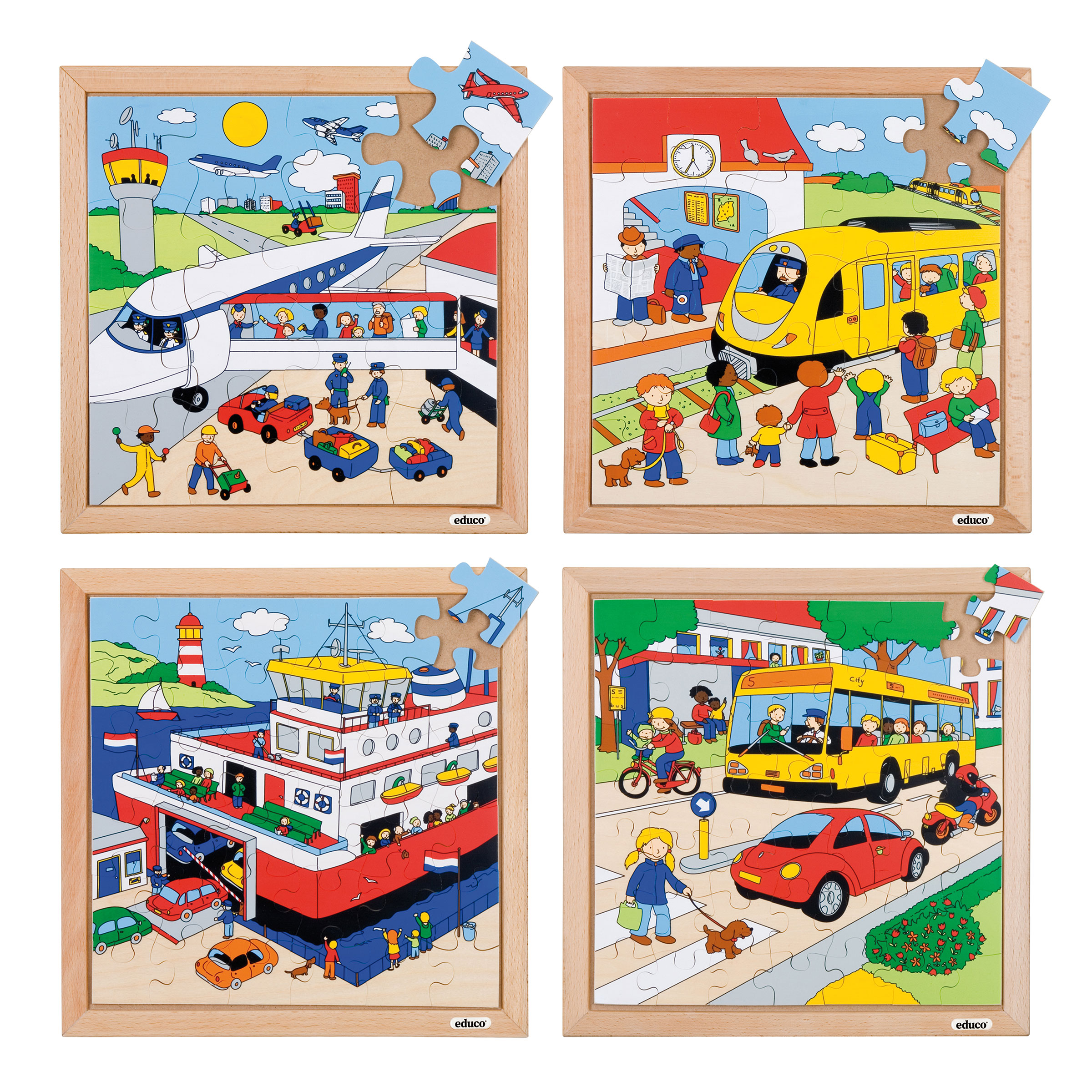Transport-Puzzles 4er-Set, Flugzeug Zug Fähre Bus, ab 4 Jahre