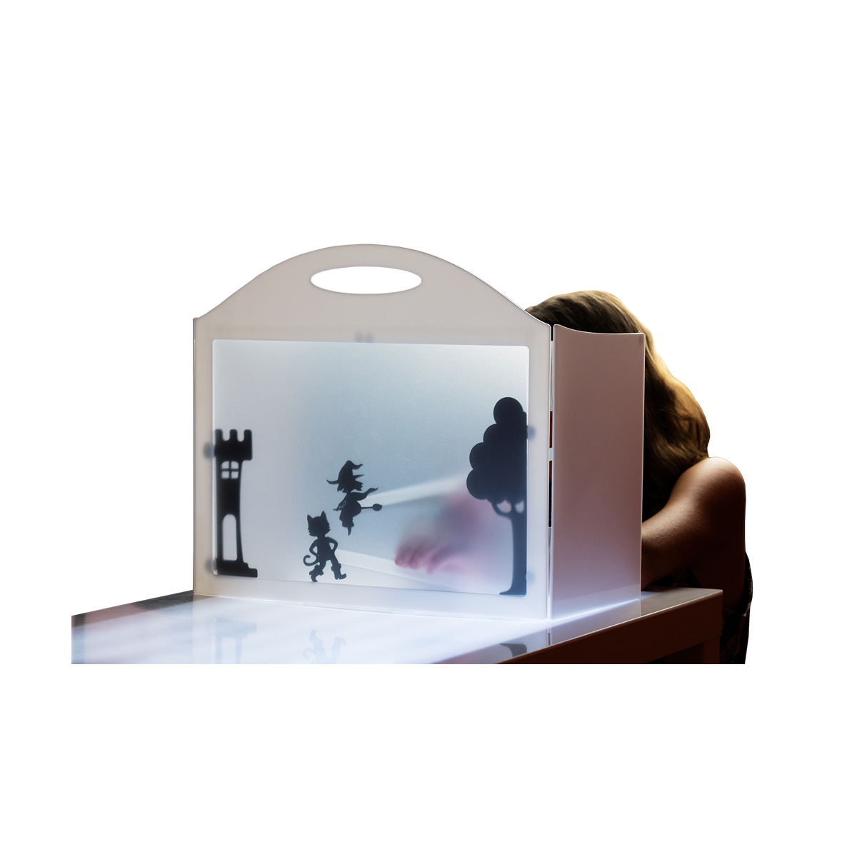Schattentheater Set, 43 Figuren, Theater aufgeklappt 46 x 23 x 40,5 cm