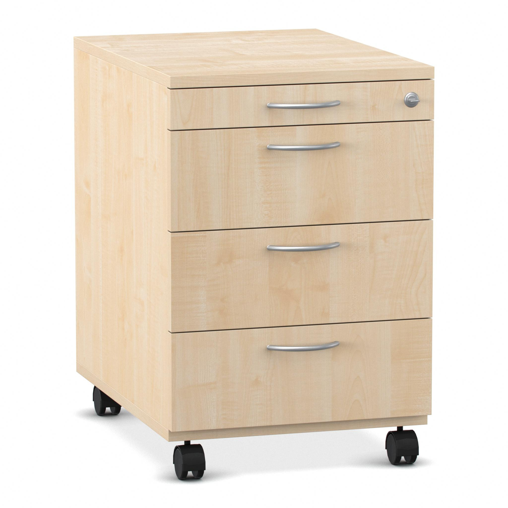 Flexeo Rollcontainer mit 4 Schubladen, Ahorn honig, HxBxT 64,7 x 43,4 x 60,2 cm, Rollen, Bogengriff mit Schloss