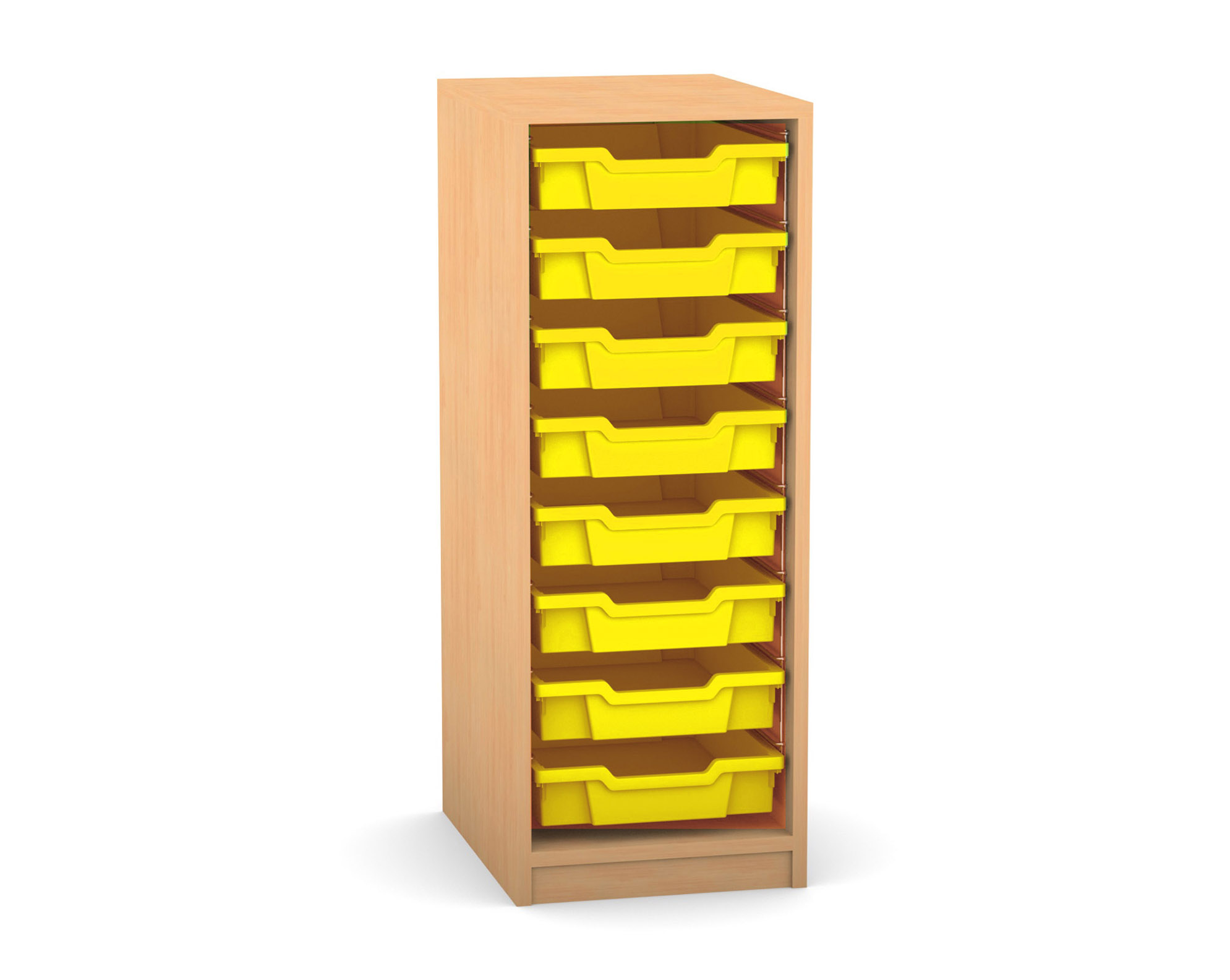 Flexeo Regal PRO mit 1 Reihe und 8 kleinen Boxen Dekor Buche hell, Sockel, Boxen gelb