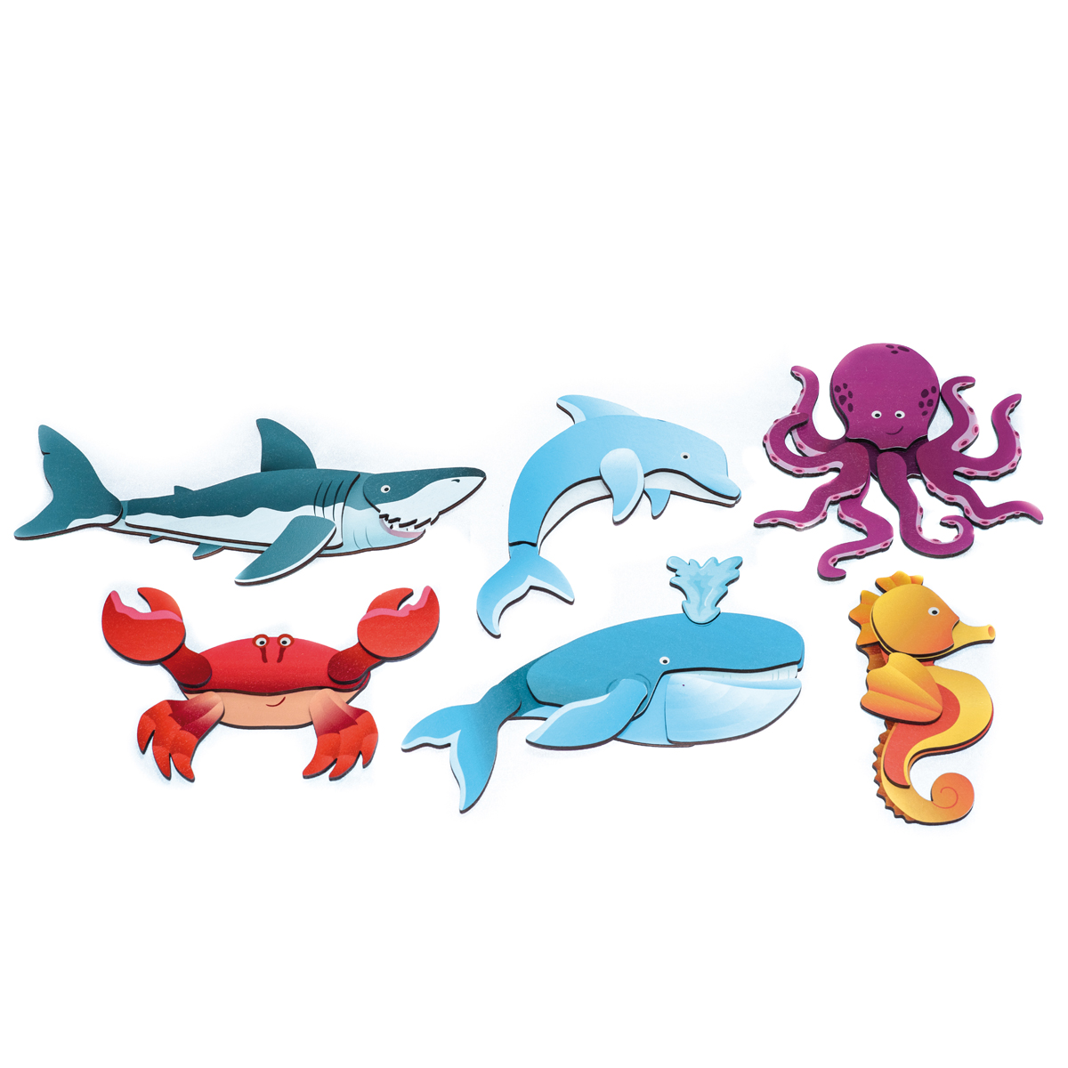 Magnetpuzzle Meerestiere, 6er Set, magnetische Puzzleteile in Holzbox, 4 mm Stärke