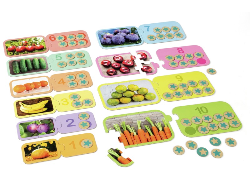 Zählspiel Zahlen 1 bis 10 zuordnen mit 10 Puzzles und 60 Chips, ab 3 Jahren