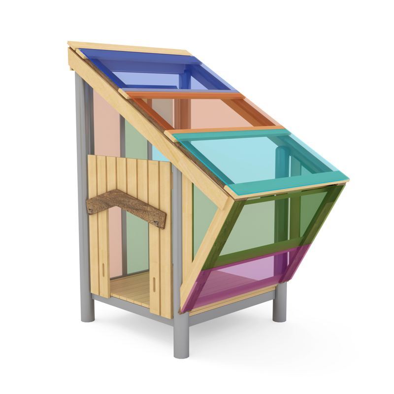 Regenbogen-Spielhaus, auf Stelzen, mit bunten XXL-Fenstern, aus Stahl und Holz, Outdoor