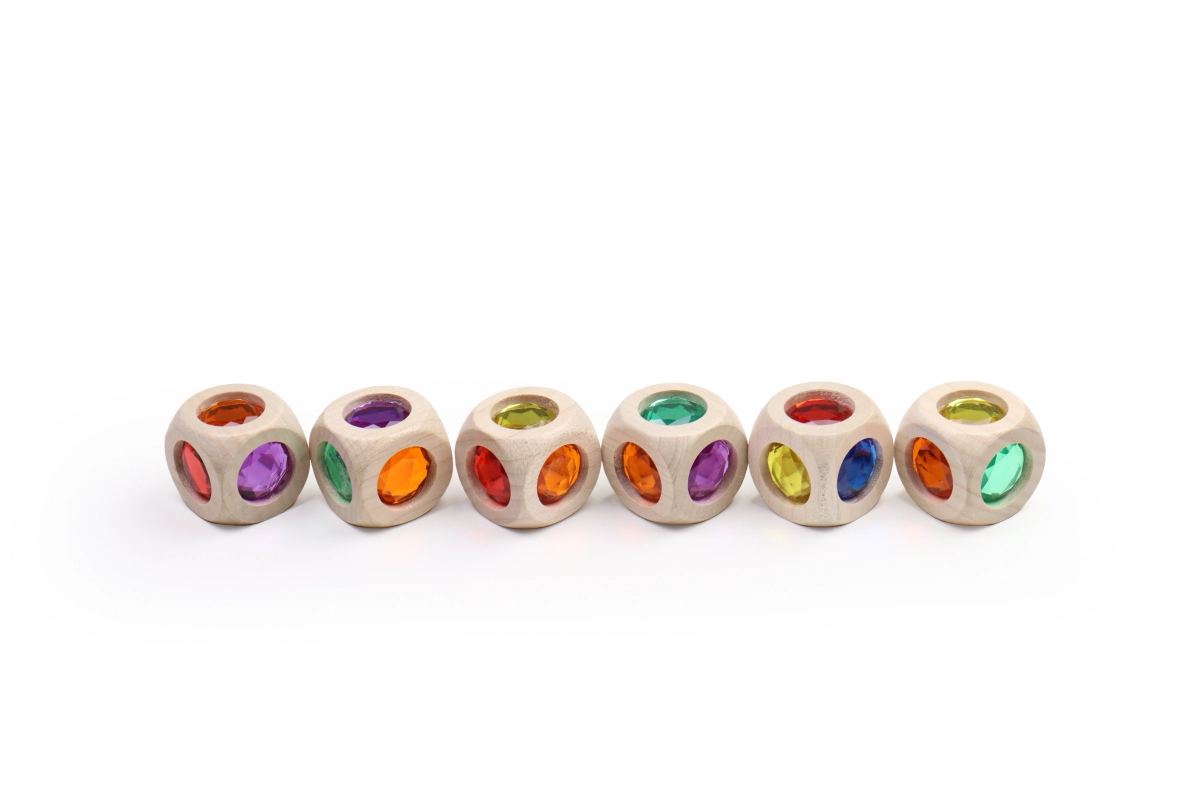 Regenbogenwürfel mini - aus Ahornholz, Glitzerwürfel, ab 36 Monaten