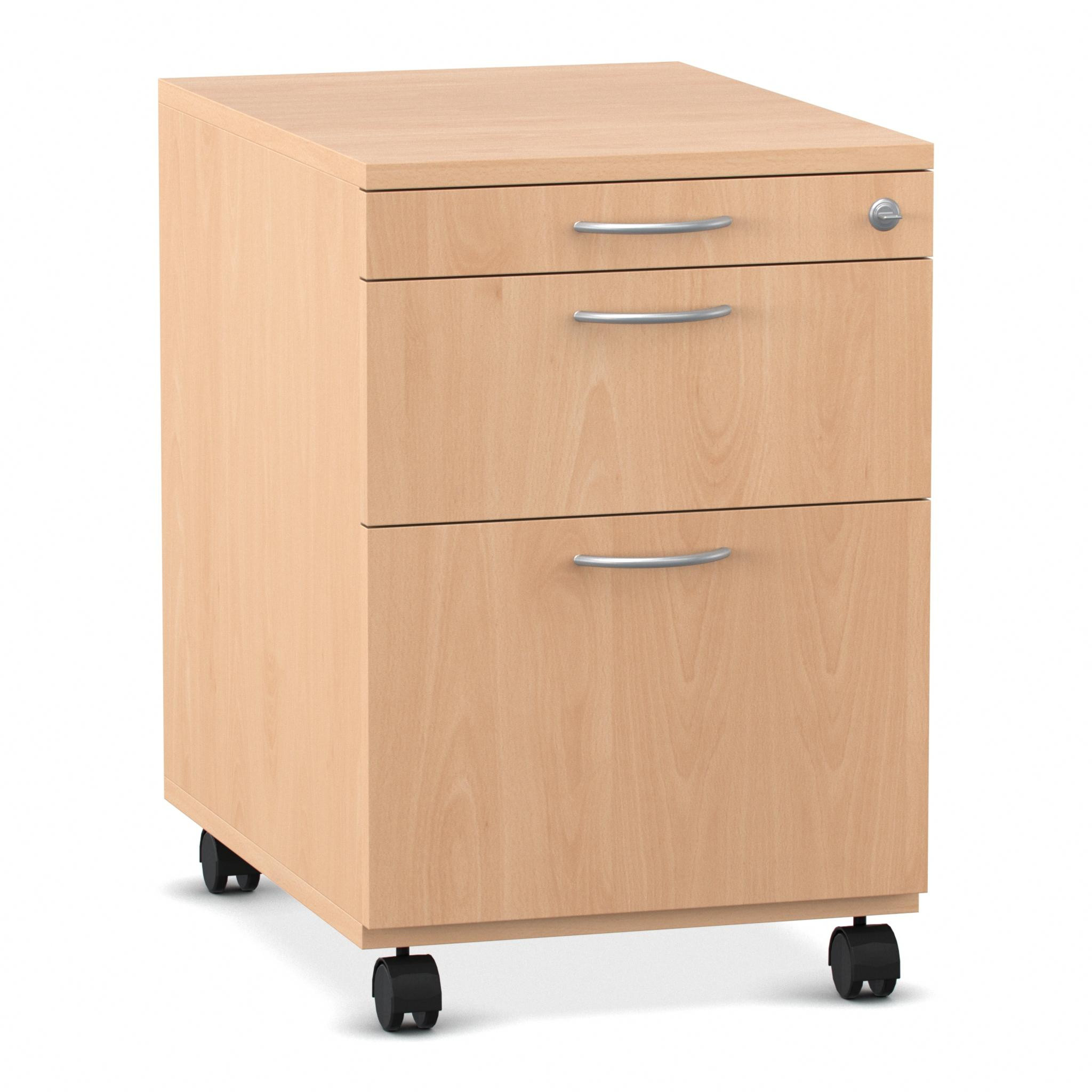 Flexeo Rollcontainer mit 3 Schubladen, Dekor Buche hell, HxBxT: 64,7 x 43,4 x 60,2 cm, Rollen, Bogengriff mit Schloss